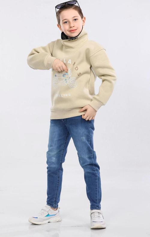 Degaje Yaka 3 İp Kışlık Erkek Çocuk Kalın Sweatshirt Bej MRN7022