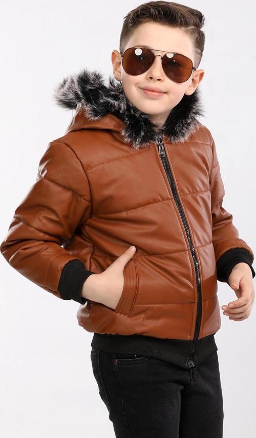 Erkek Çocuk İçi Kürklü ve Dolgulu Deri Mont Taba AVM128