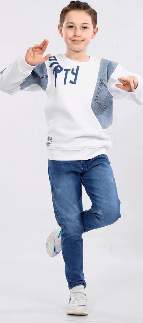 Erkek Çocuk Üç İp Kot Detaylı Sweatshirt Beyaz MRN7001