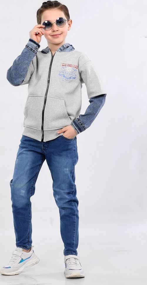 Erkek Çocuk İki İp Kot Detaylı Fermuarlı Kapüşonlu Sweatshirt Gri MRN7004