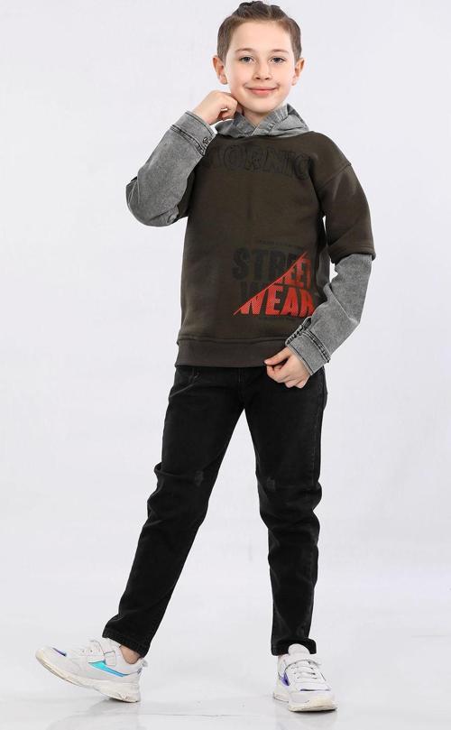 Erkek Çocuk Üç İp Kot Detaylı Şardonlu Kapüşonlu Sweatshirt Haki MRN7010
