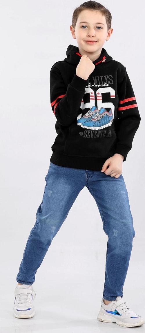 Erkek Çocuk Üç İp İçi Şardonlu Baskılı Kapüşonlu Kışlık Sweatshirt Siyah MRN7016