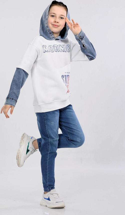 Erkek Çocuk Üç İp Kot Detaylı Şardonlu Kapüşonlu Sweatshirt Beyaz MRN7009