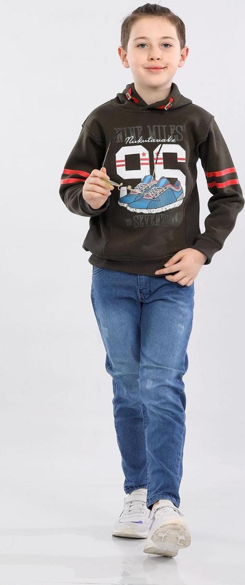 Erkek Çocuk Üç İp İçi Şardonlu Baskılı Kapüşonlu Kışlık Sweatshirt Haki MRN7015