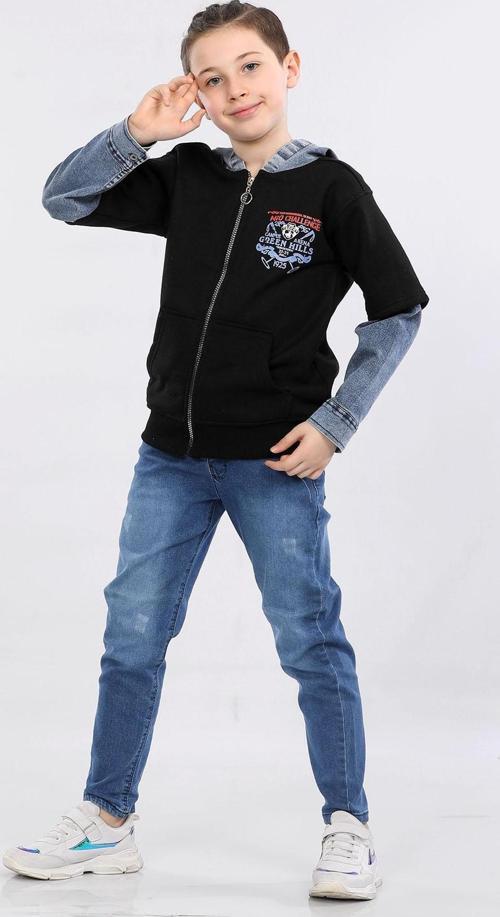 Erkek Çocuk İki İp Kot Detaylı Fermuarlı Kapüşonlu Sweatshirt Siyah MRN7003