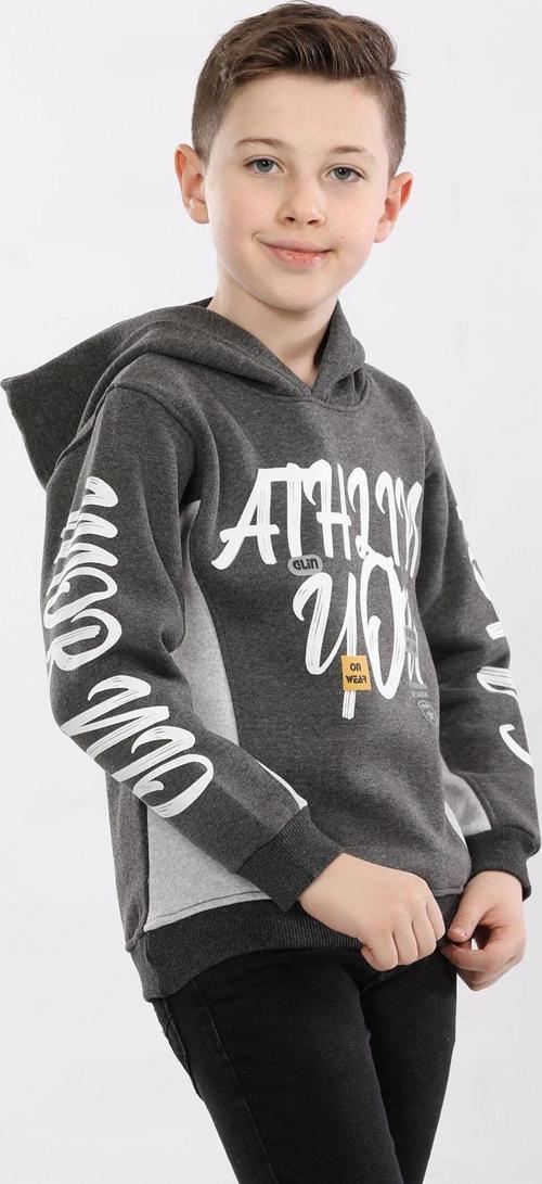 Kapüşonlu 3 İp Kışlık Erkek Çocuk Baskılı Kalın Sweatshirt Füme  MRN7013