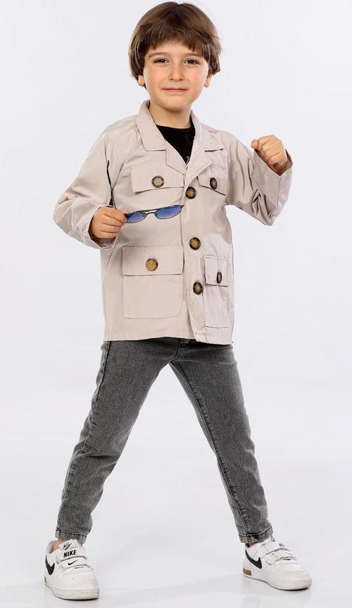 Hola Kids Erkek Çocuk Trençkot-Pantolon ve Tişört 3 lü Takım HLK5060152 Krem