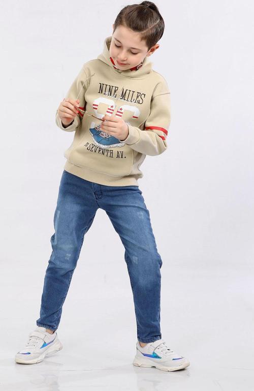 Erkek Çocuk Üç İp İçi Şardonlu Baskılı Kapüşonlu Kışlık Sweatshirt Bej MRN7015