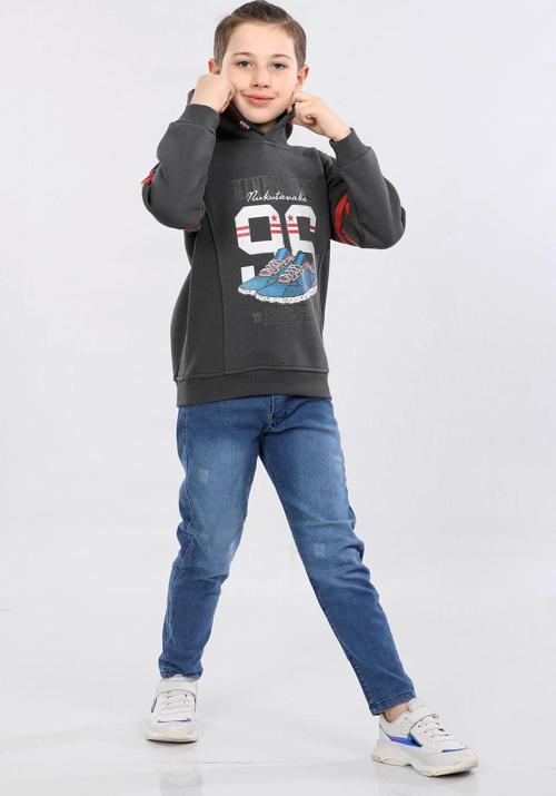 Erkek Çocuk Üç İp İçi Şardonlu Baskılı Kapüşonlu Kışlık Sweatshirt Gri MRN7016