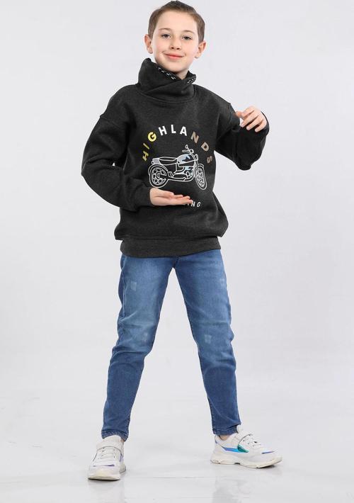Degaje Yaka 3 İp Kışlık Erkek Çocuk Kalın Sweatshirt Füme MRN7021