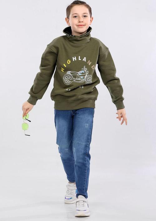 Degaje Yaka 3 İp Kışlık Erkek Çocuk Kalın Sweatshirt Haki MRN7021