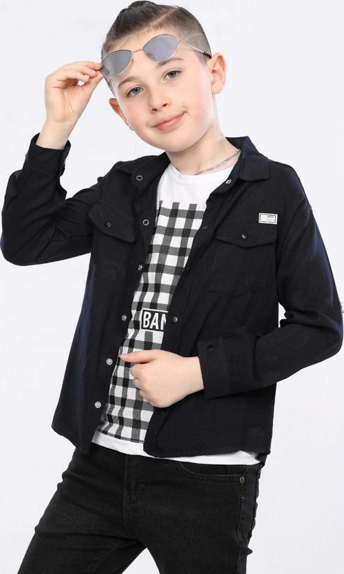 Mornio Erkek Çocuk Katlanabilir, Çift Ceplli, Uzun Kollu Gömlek ve Baskılı Kolsuz Tişört 2 Li Üst Takım MRN3101314VF Lacivert