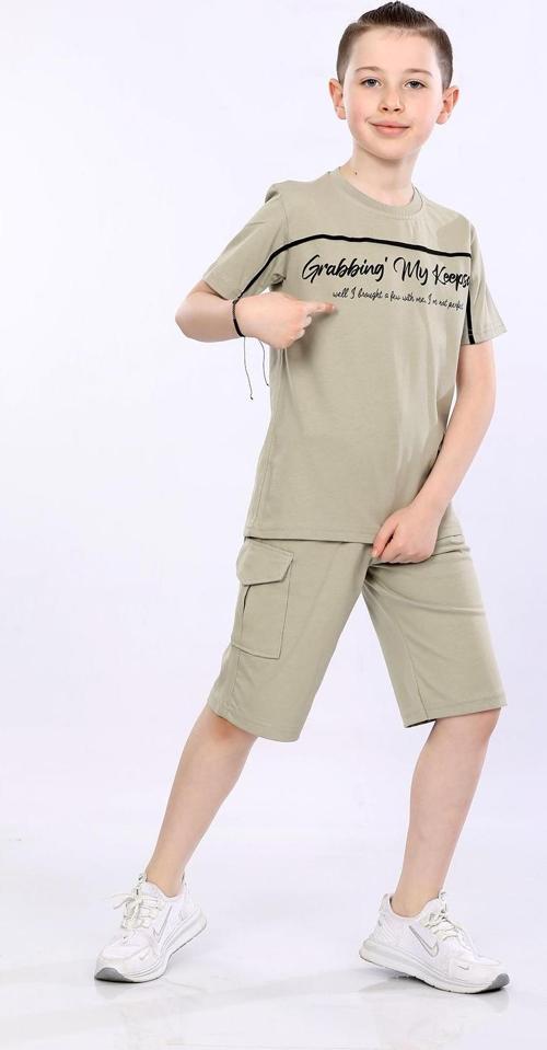 %100 Pamuk İkili Takım T-shirt ve şort Erkek Çocuk HLK506070185 Açık Haki