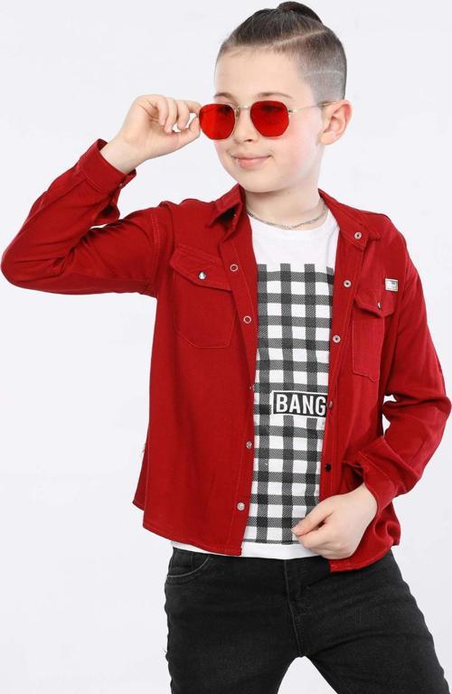 Mornio Erkek Çocuk Katlanabilir, Çift Ceplli, Uzun Kollu Gömlek ve Baskılı Kolsuz Tişört 2 Li Üst Takım MRN3101314VF Kırmızı