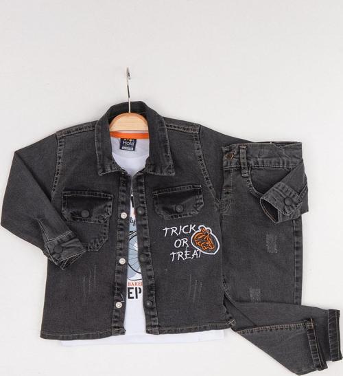 Hola Kids Erkek Çocuk Kot Ceket-Pantolon ve Tişört 3 lü Takım HLK80107 Füme