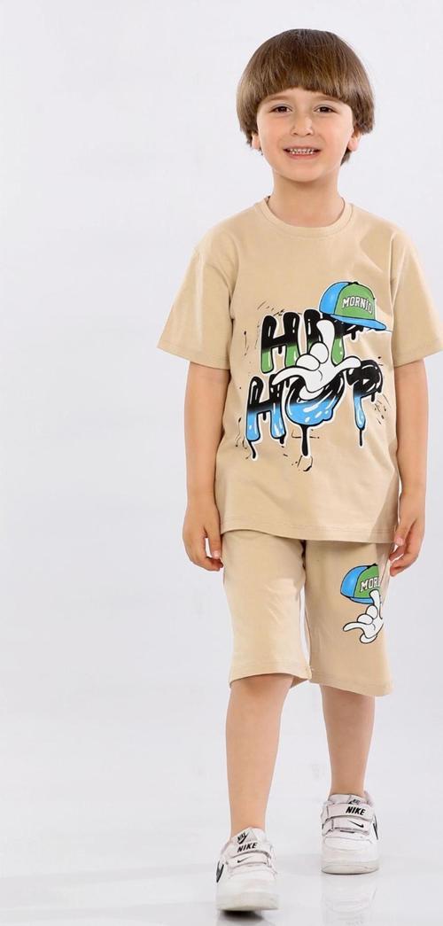 Mornio Erkek Çocuk %100 Pamuk Hip-Hop Baskılı T-shirt ve Şort 2 li Takım MRN3102728-1VF Bej
