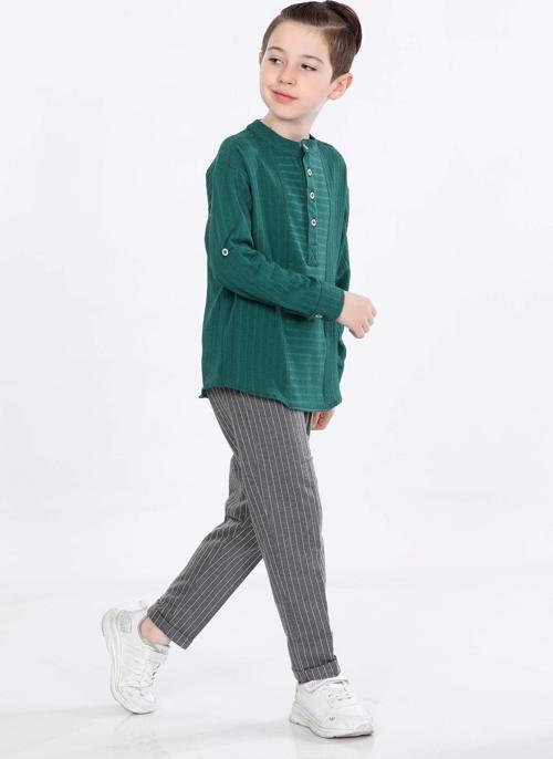 Mornio Erkek Çocuk Üç Düğme Hakim Yaka Gömlek ve Pantolon 2 li Takım VF24KMR5109900 Yeşil