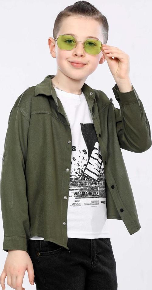 Mornio Erkek Çocuk Katlanabilir Uzun Kollu Gömlek ve Baskılı Kolsuz Tişört 2 Li Üst Takım MRN3101516VF Haki