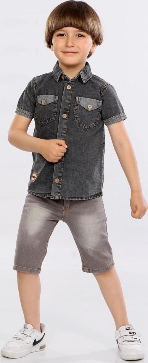 Hola Kids İkili Takım Yumuşak Kot Gömlek ve Kot Kapri Erkek Çocuk HLK5060164 Füme