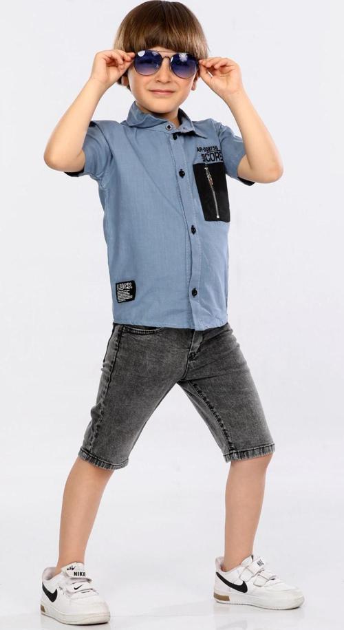 Hola Kids İkili Takım Yumuşak Gömlek ve Kot Kapri Erkek Çocuk HLK5060165 Mavi
