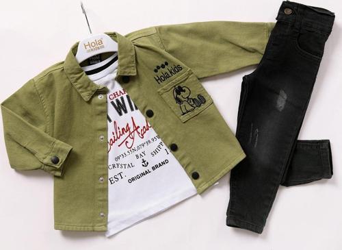 Hola Kids Erkek Çocuk Gömlek-Tişört ve Pantolon 3 lü Takım HLK80103 Yeşil