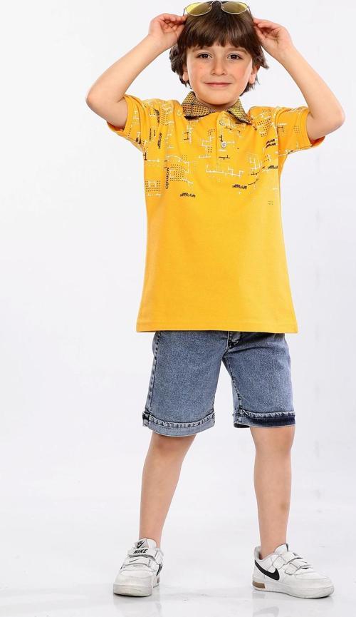 Mornio Erkek Çocuk Polo Yaka  Lacost Kumaş Tişört ve Kot Şort  İkili Yazlık Takım MRN5111112VF Hardal