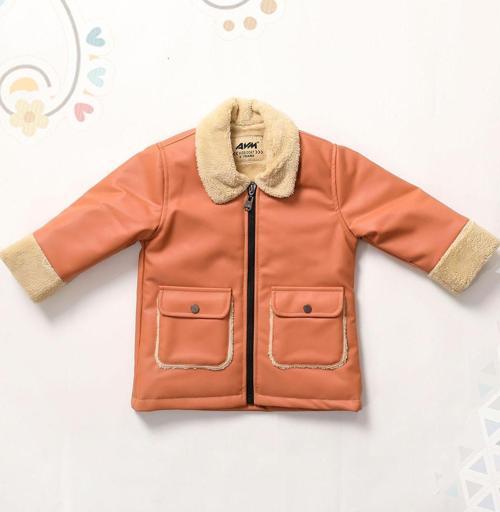 Kız Bebek ve Çocuk İçi ve Yakası Kürklü Deri Mont SomonAVM2103