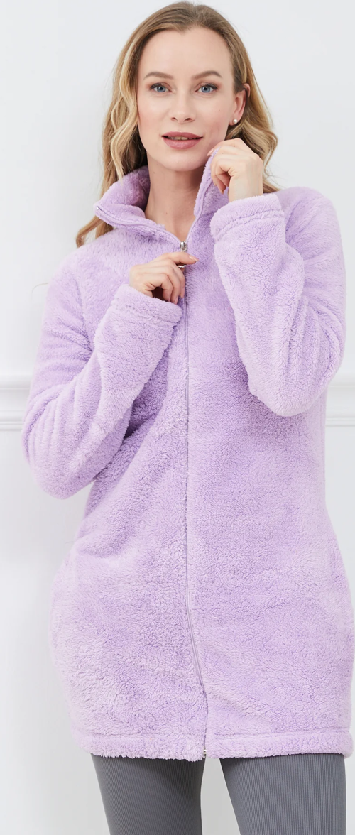 Peluş Fermuarlı Kadın Uzun Sweatshirt Lila ZN5038