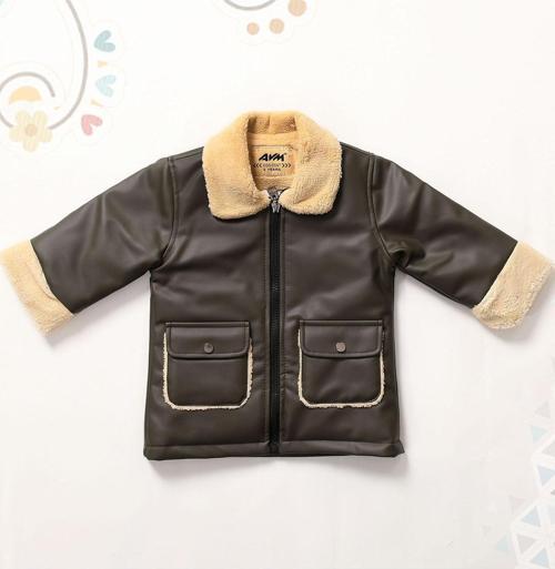 Kız Bebek ve Çocuk İçi ve Yakası Kürklü Deri Mont HakiAVM2103