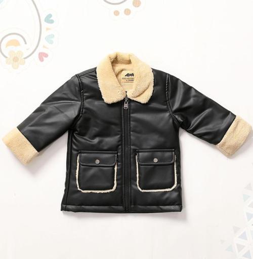 Kız Bebek ve Çocuk İçi ve Yakası Kürklü Deri Mont SiyahAVM2103