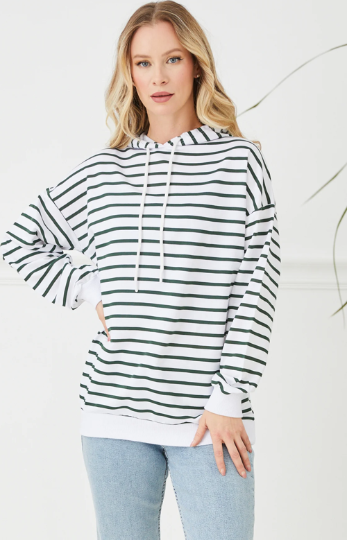 Kapüşonlu Çizgili Kadın Sweatshirt Yeşil ZN5027
