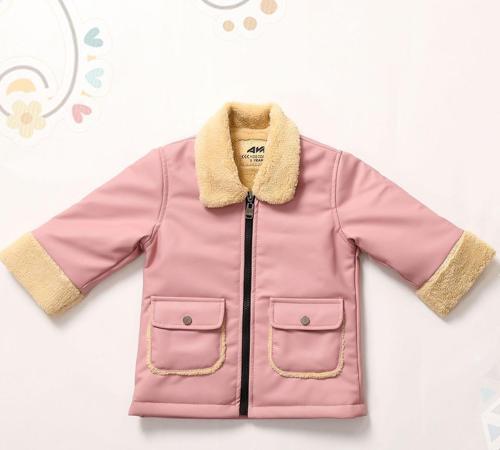 Kız Bebek ve Çocuk İçi ve Yakası Kürklü Deri Mont PembeAVM2103