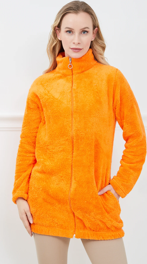 Peluş Fermuarlı Kadın Uzun Sweatshirt Turuncu ZN5038
