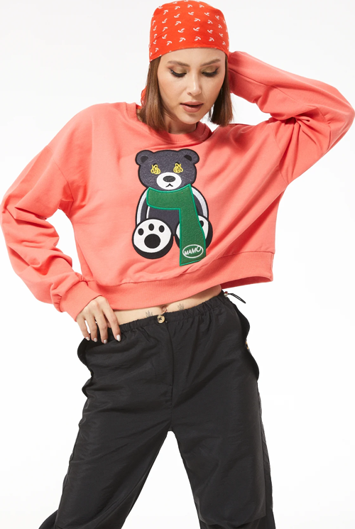 Sıfır Yaka Figürlü Kadın Kısa Sweatshirt Mercan ZN5041