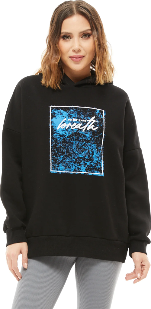 Kapüşonlu Baskılı Üç İplik Kadın Sweatshirt Siyah ZN5026