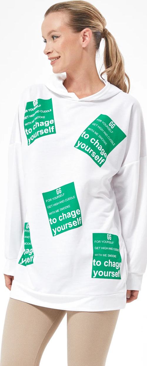 Kadın Baskılı Kapüşonlu Oversize Uzun Sweatshirt Beyaz ZN5045