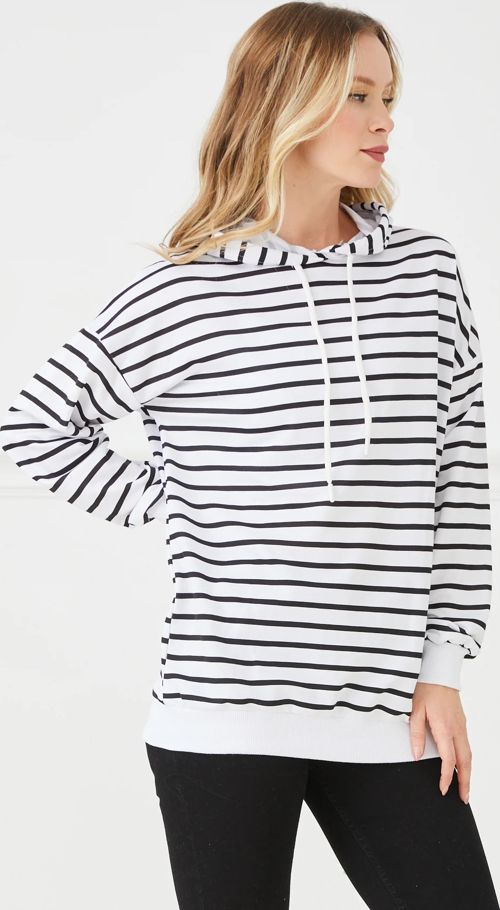 Kapüşonlu Çizgili Kadın Sweatshirt Beyaz ZN5027