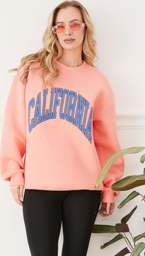 Kadın California Baskılı Üç İplik Sweatshirt  Yavruağzı ZN5053