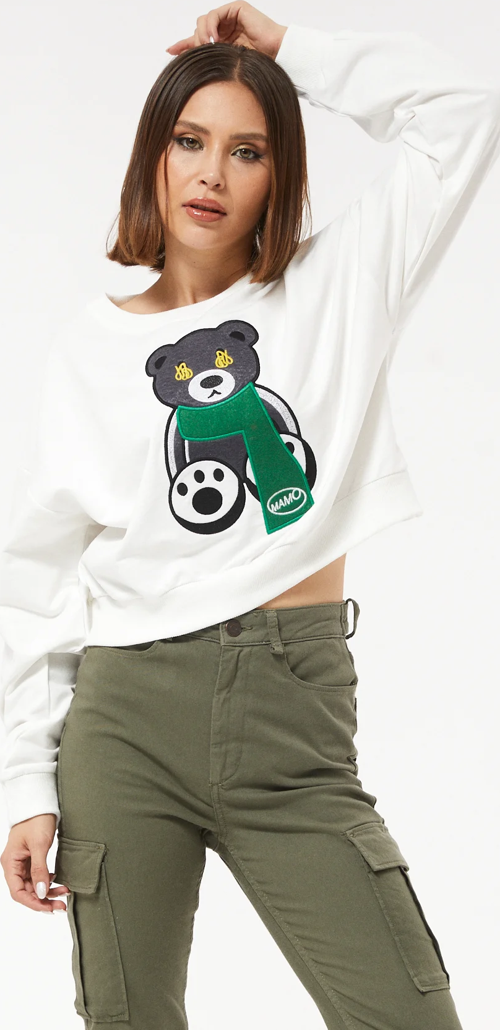 Sıfır Yaka Figürlü Kadın Kısa Sweatshirt Ekru ZN5041