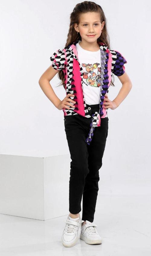 Mornio Geometrik Desen Baskılı Alttan Bağlamalı Renkli Gömlek, Tişört ve Kot Pantolon 3 lü Takım MRN2409