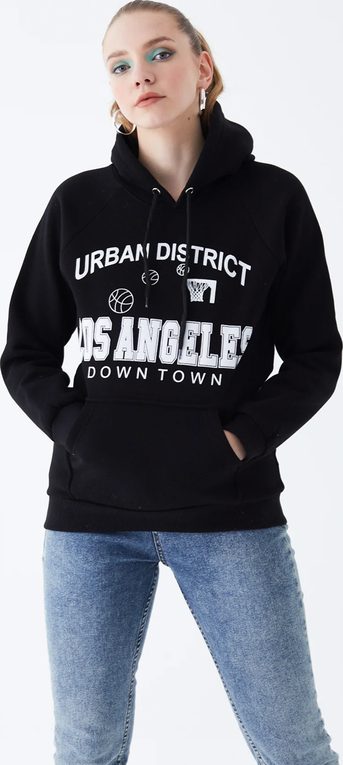 Kadın Kanguru Cepli Baskılı Üç İp İçi Şardonlu Sweatshirt Siyah ZN5083