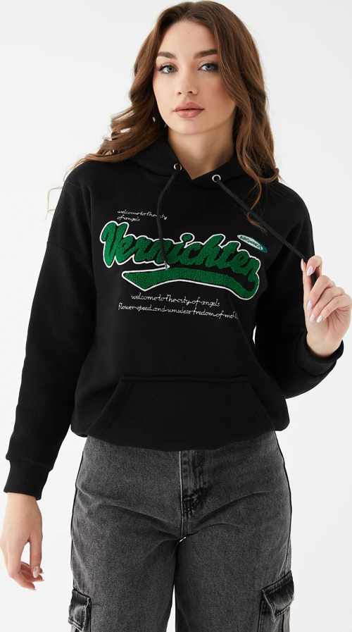 Kadın Kanguru Cep Baskılı Üç İp İçi Şardonlu Sweatshirt Siyah ZN5086