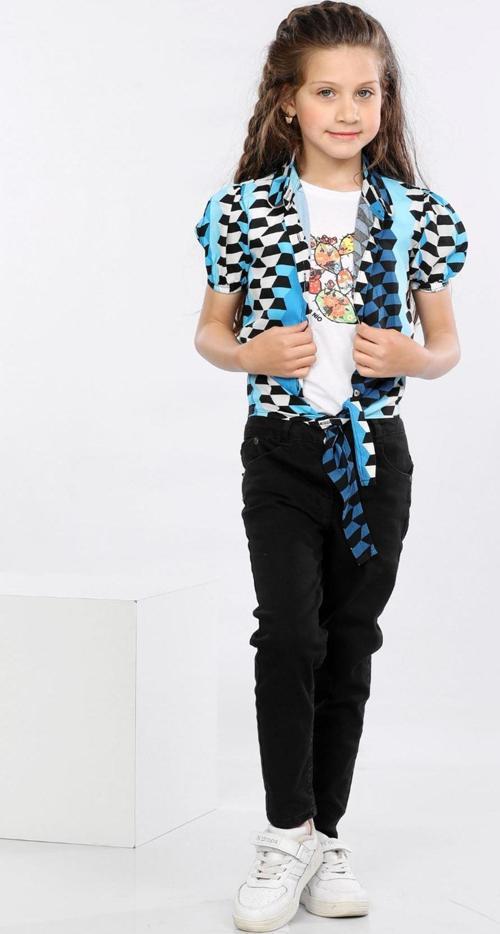 Mornio Geometrik Desen Baskılı Alttan Bağlamalı Renkli Gömlek, Tişört ve Kot Pantolon 3 lü Takım MRN2409