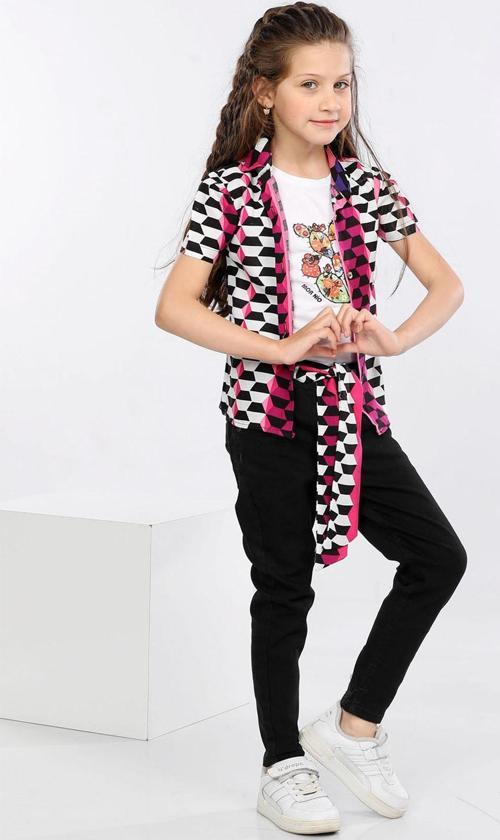 Mornio Geometrik Desen Baskılı Renkli Gömlek, Tişört ve Kot Pantolon 3 lü Takım MRN2410