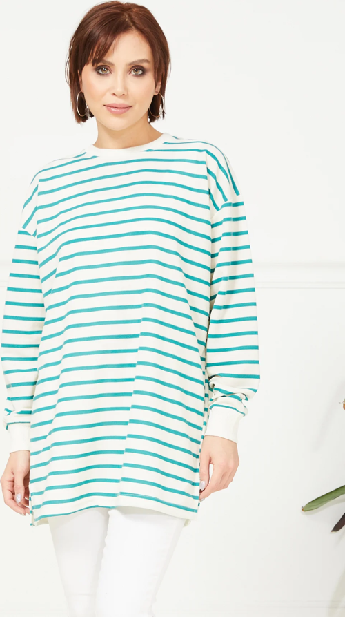 Kadın Çizgili Yırtmaç Detaylı İki İp Sweatshirt Yeşil ZN5064