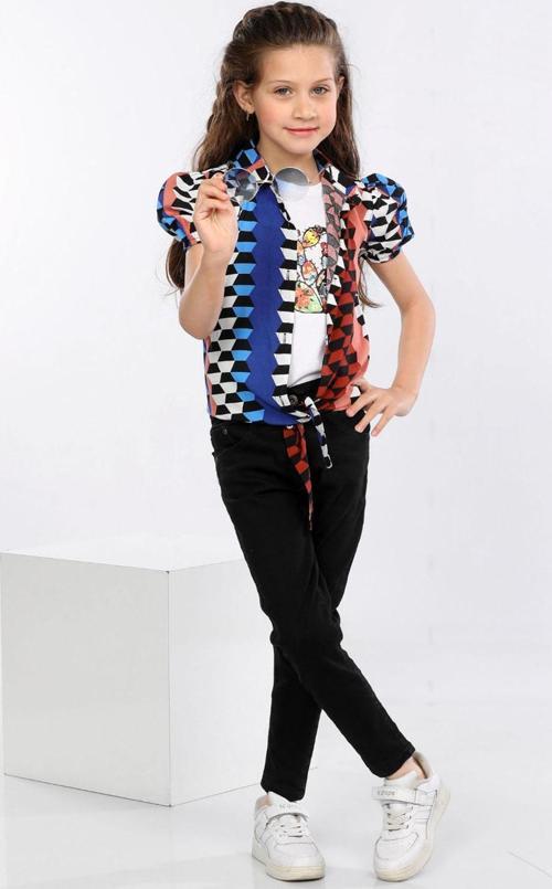 Mornio Geometrik Desen Baskılı Alttan Bağlamalı Renkli Gömlek, Tişört ve Kot Pantolon 3 lü Takım MRN2409