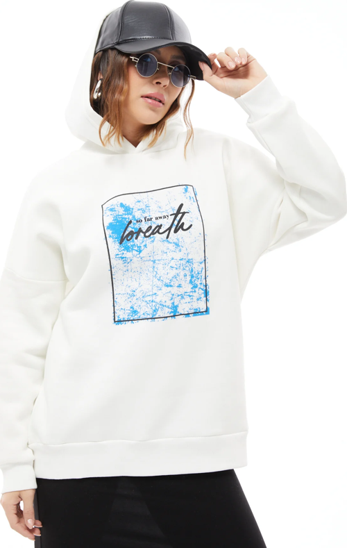 Kapüşonlu Baskılı Üç İplik Kadın Sweatshirt Ekru ZN5026