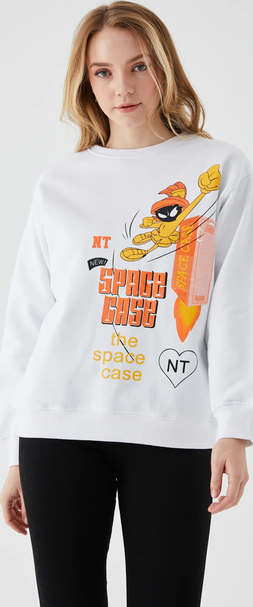 Kadın Sıfır Yaka Baskılı Üç İp İçi Şardonlu Sweatshirt Beyaz ZN5110