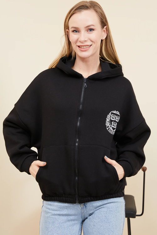 Kadın Yarasa Kol Fermuarlı Cepli Kapüşonlu Sweatshirt Siyah ZN5119