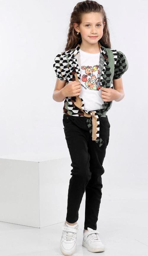 Mornio Geometrik Desen Baskılı Alttan Bağlamalı Renkli Gömlek, Tişört ve Kot Pantolon 3 lü Takım MRN2409